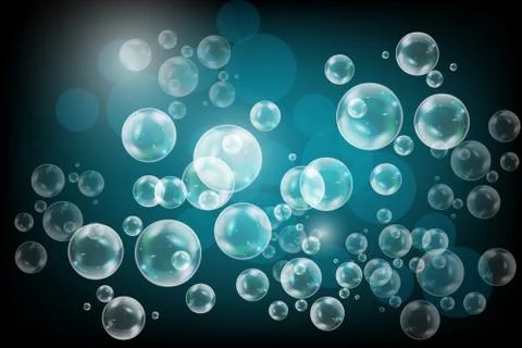 Realistic soap bubbles with rainbow reflection set isolated on the blue backg Stock Illustration