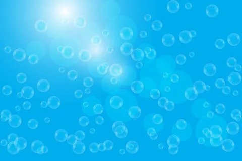 Realistic soap bubbles with rainbow reflection set isolated on the blue backg Stock Illustration
