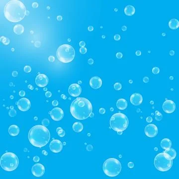 Realistic soap bubbles with rainbow reflection set isolated on the blue backg Stock Illustration