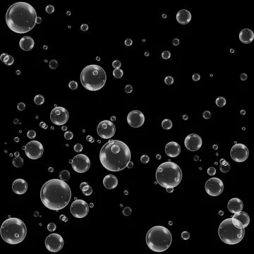 Realistic soap bubbles with rainbow reflection set isolated on the black back Stock Illustration