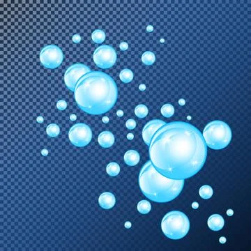 Realistic soap bubbles with rainbow reflection set isolated on the blue trans Stock Illustration