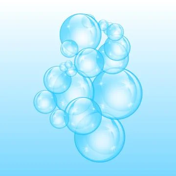 Realistic soap bubbles with rainbow reflection set isolated on the blue backg Stock Illustration