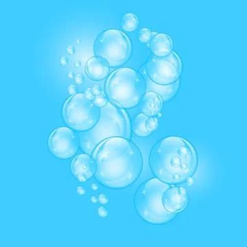 Realistic soap bubbles with rainbow reflection set isolated on the blue backg Stock Illustration