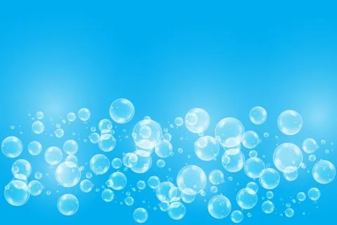 Realistic soap bubbles with rainbow reflection set isolated on the blue backg イラスト素材