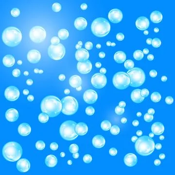 Realistic soap bubbles with rainbow reflection set isolated on the blue backg Stock Illustration