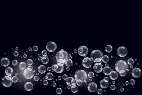 Realistic soap bubbles with rainbow reflection set isolated on the black back Stock Illustration