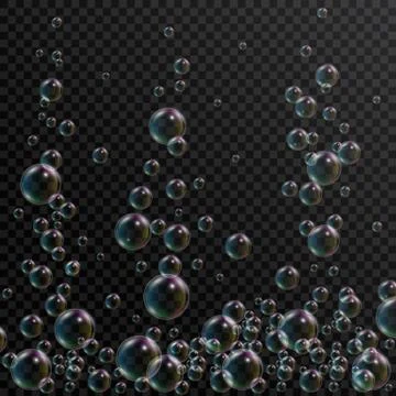 Realistic soap bubbles with rainbow reflection on transparent background. Soa Stock Illustration
