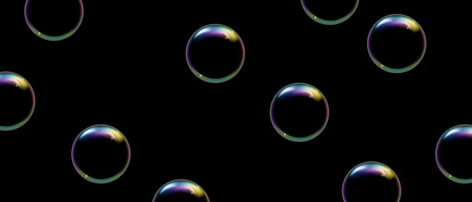 Realistic soap bubbles with rainbow reflection on black background. Vector Stock Illustration