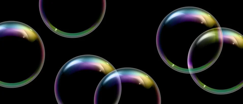 Realistic soap bubbles with rainbow reflection on black background. Stock Illustration