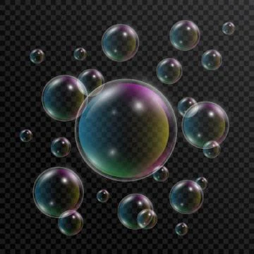 Realistic soap bubbles. Set of soap bubbles with rainbow reflection on transp Stock Illustration