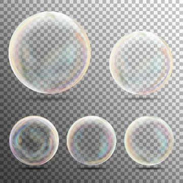 Realistic Soap Bubbles On Transparent Background. Vector Collection Stock Illustration