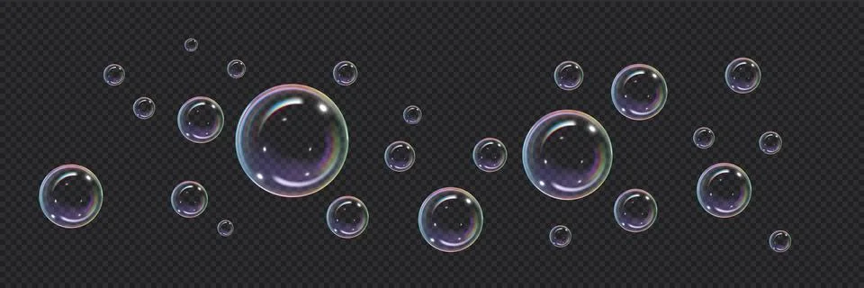 Realistic soap bubbles vector illustration, glossy transparent volume circle Stock Illustration