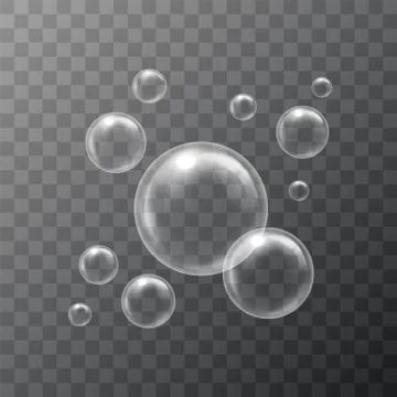 Realistic soap bubbles. Water bubbleson isolated on transparent background. Stock Illustration