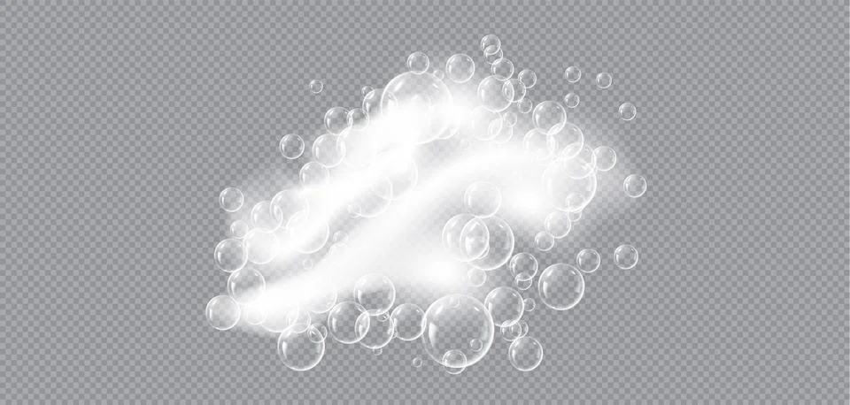 Realistic soap foam with bubbles vector illustration, white froth mass of small Stock Illustration