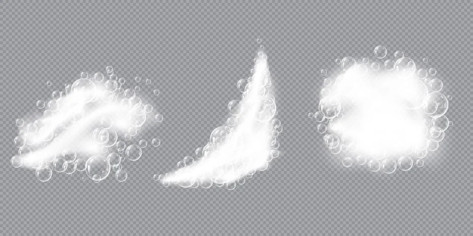 Realistic soap foam with bubbles vector set, a mass of small bubbles formed on Stock Illustration