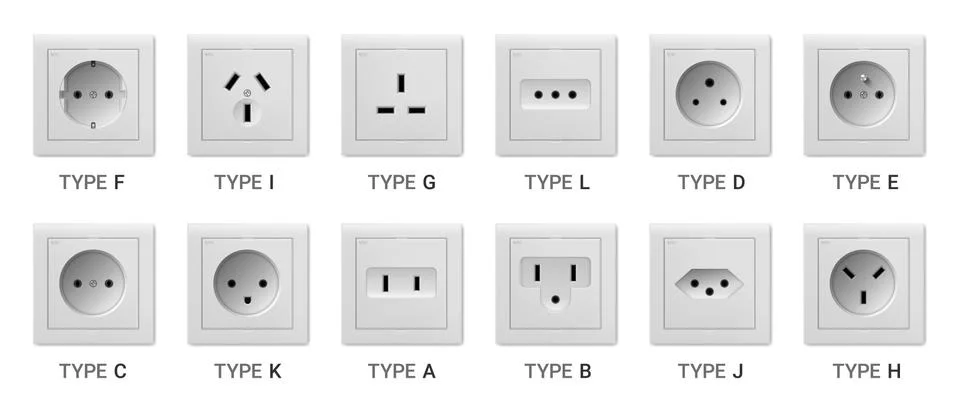 Realistic socket. 3D plastic devices for access to electric power. Different Stock Illustration