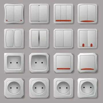 Realistic socket and electric switch icon set. Home buttons plastic light toggle Stock Illustration