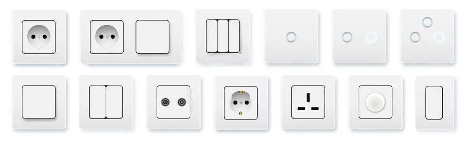 Realistic socket and switch. Interior wall outlets or electric connectors Illustrazione stock