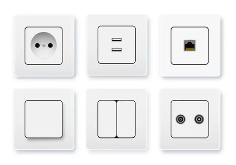 Realistic socket and switch. Interior wall outlets or electric connectors Stock Illustration