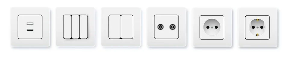 Realistic socket and switch. Interior wall outlets or electric connectors Stock Illustration