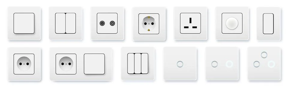 Realistic socket and switch. Interior wall outlets or electric connectors Stock Illustration