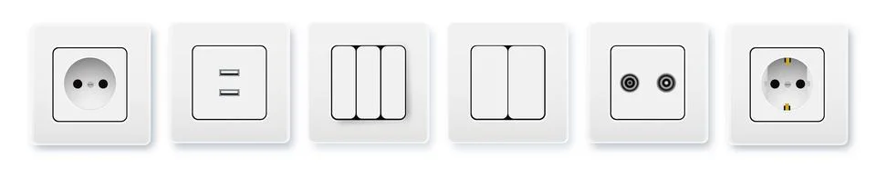 Realistic socket and switch. Interior wall outlets or electric connectors Stock Illustration