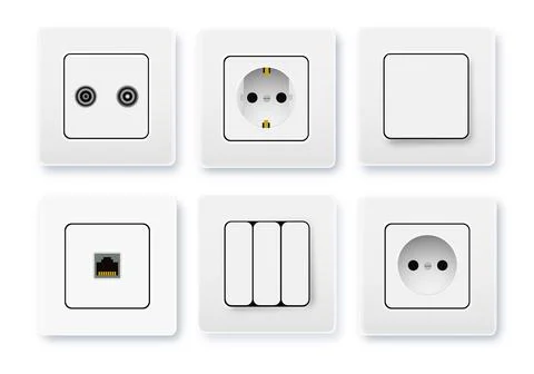 Realistic socket and switch. Interior wall outlets or electric connectors Illustrazione stock