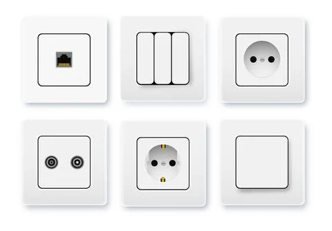 Realistic socket and switch. Interior wall outlets or electric connectors Stock Illustration
