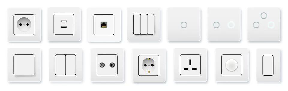 Realistic socket and switch. Interior wall outlets or electric connectors Stock Illustration