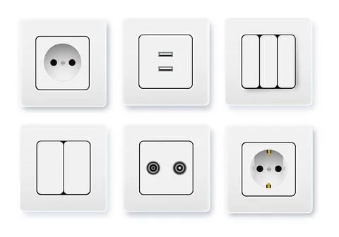 Realistic socket and switch. Interior wall outlets or electric connectors Stock Illustration
