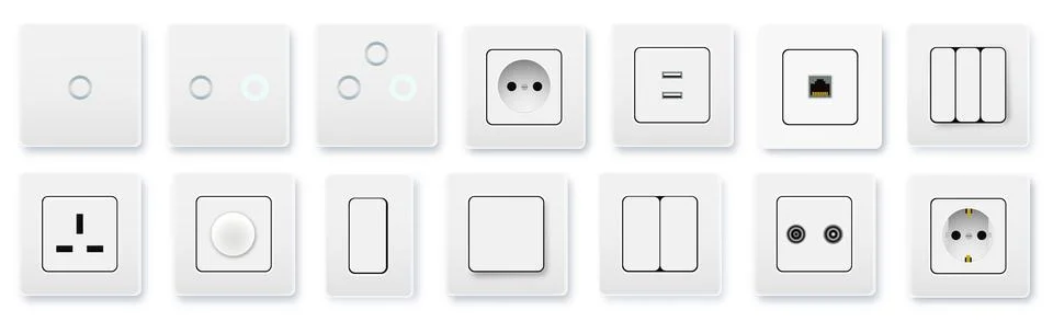 Realistic socket and switch. Interior wall outlets or electric connectors Stock Illustration