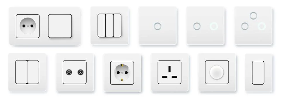 Realistic socket and switch. Interior wall outlets or electric connectors Stock Illustration