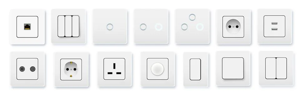 Realistic socket and switch. Interior wall outlets or electric connectors Illustrazione stock