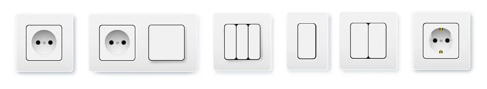 Realistic socket and switch. Interior wall outlets or electric connectors Stock Illustration