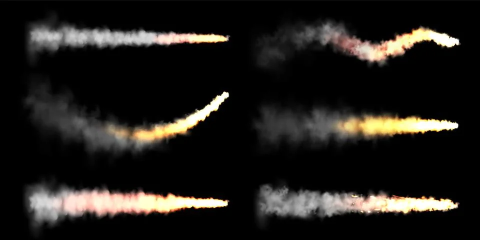 Realistic space rocket launch trails on black background. Fire burst, explosion Stock Illustration