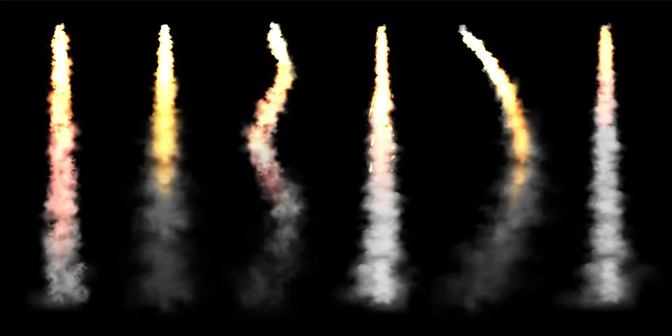 Realistic space rocket launch trails on black background. Fire burst, explosion Stock Illustration