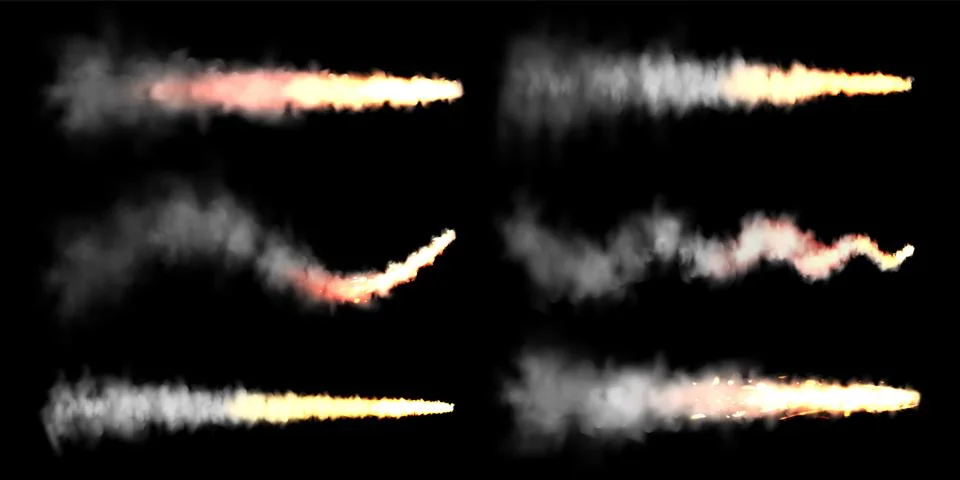 Realistic space rocket launch trails on black background. Fire burst, explosion Stock Illustration