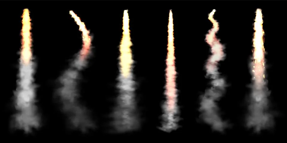 Realistic space rocket launch trails on black background. Fire burst, explosion Stock Illustration