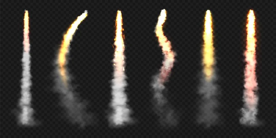 Realistic space rocket launch trails. Fire burst, explosion. Missile or bullet Stock Illustration