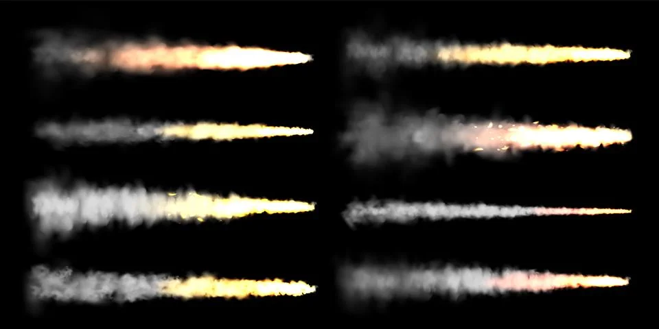 Realistic space rocket launch trails on black background. Fire burst, explosion Stock Illustration