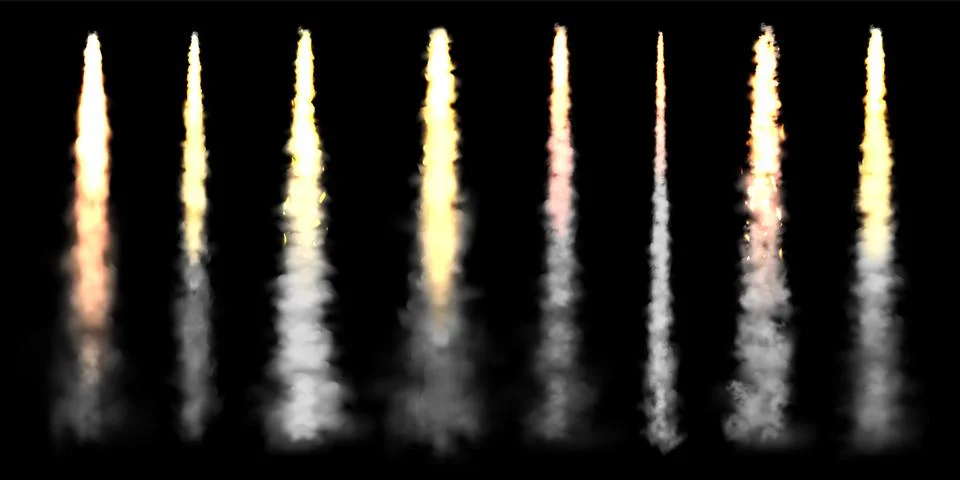 Realistic space rocket launch trails on black background. Fire burst, explosion Stock Illustration