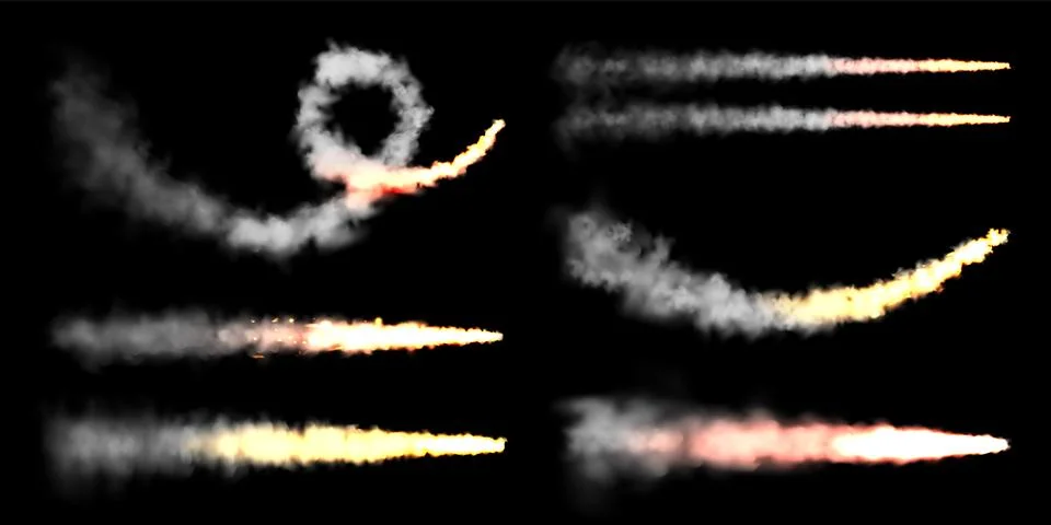 Realistic space rocket launch trails on black background. Fire burst, explosion Stock Illustration