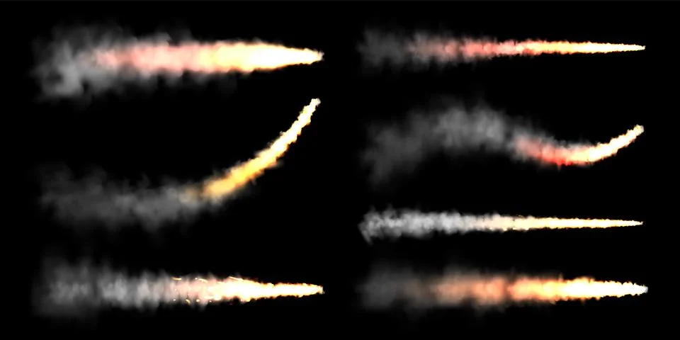Realistic space rocket launch trails on black background. Fire burst, explosion Stock Illustration