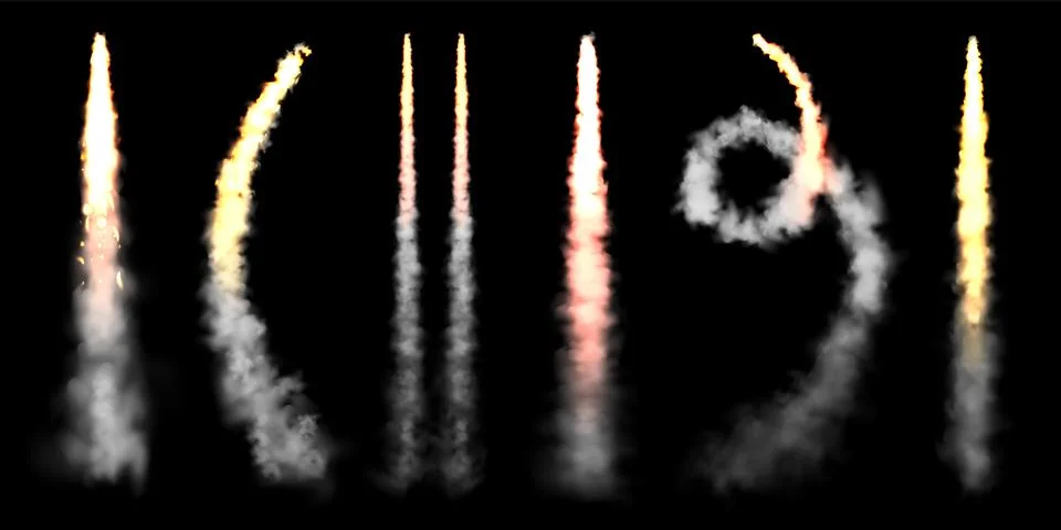 Realistic space rocket launch trails on black background. Fire burst, explosion Stock Illustration