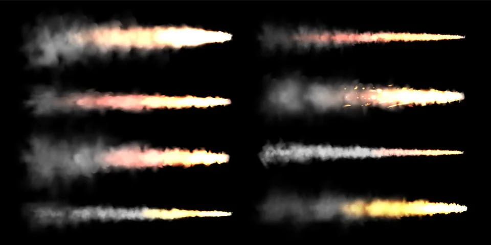 Realistic space rocket launch trails on black background. Fire burst, explosion Stock Illustration