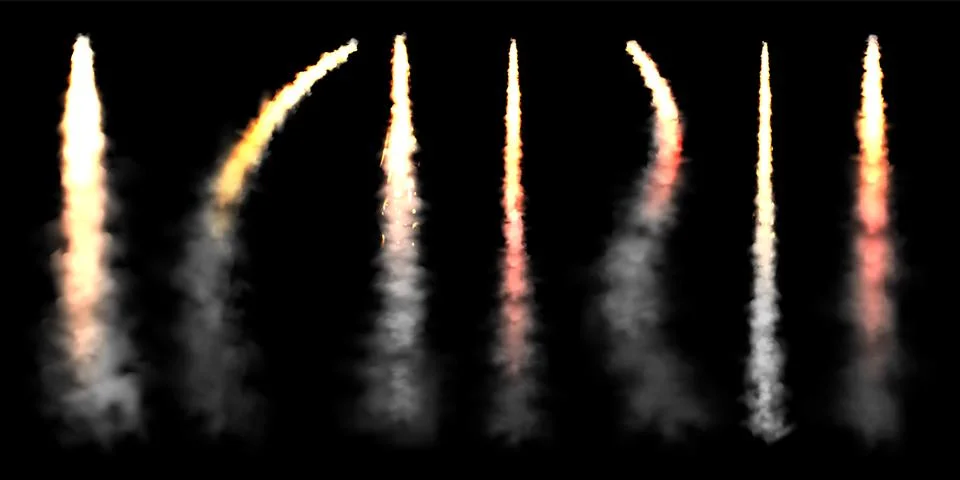 Realistic space rocket launch trails on black background. Fire burst, explosion Stock Illustration