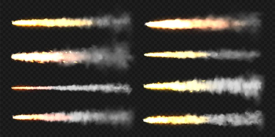 Realistic space rocket launch trails. Fire burst, explosion. Missile or bullet Illustrazione stock