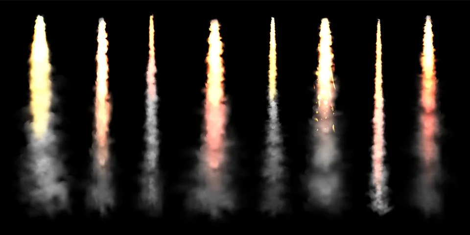 Realistic space rocket launch trails on black background. Fire burst, explosion Stock Illustration