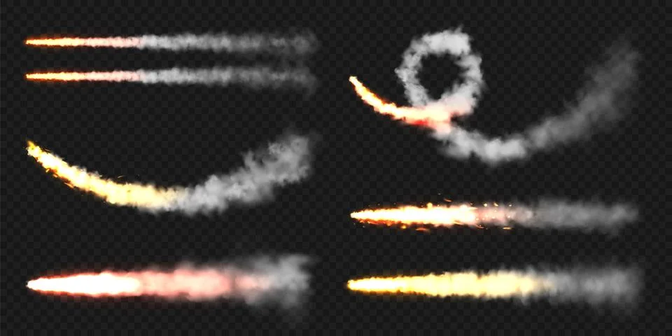 Realistic space rocket launch trails. Fire burst, explosion. Missile or bullet Illustrazione stock
