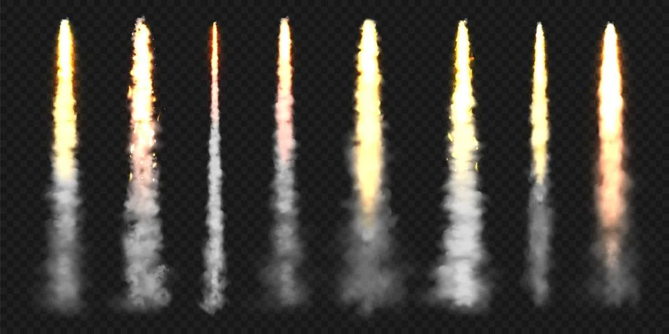 Realistic space rocket launch trails. Fire burst, explosion. Missile or bullet Illustrazione stock